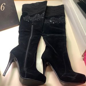 Society 86 Black Velvet Laced High Heeled Boots